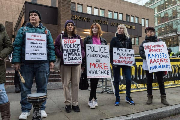 Activists gathering for a protest outside Southwark Crown Court in London on Monday during the sentencing trial of David Carrick, a former police officer.Credit...Wiktor Szymanowicz/Anadolu Agency, via Getty Images